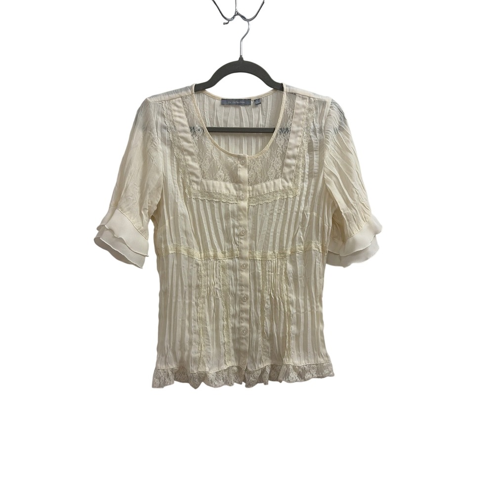 Blouse Pleated Coquette NY Collection Medium Cream Lace Ruffle Short Sleeve